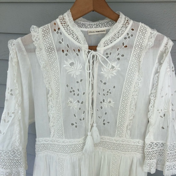 Ulla Johnson White Dress Midi Lace Eyelet Tassels Prairie Madison US 10 - Picture 4 of 11